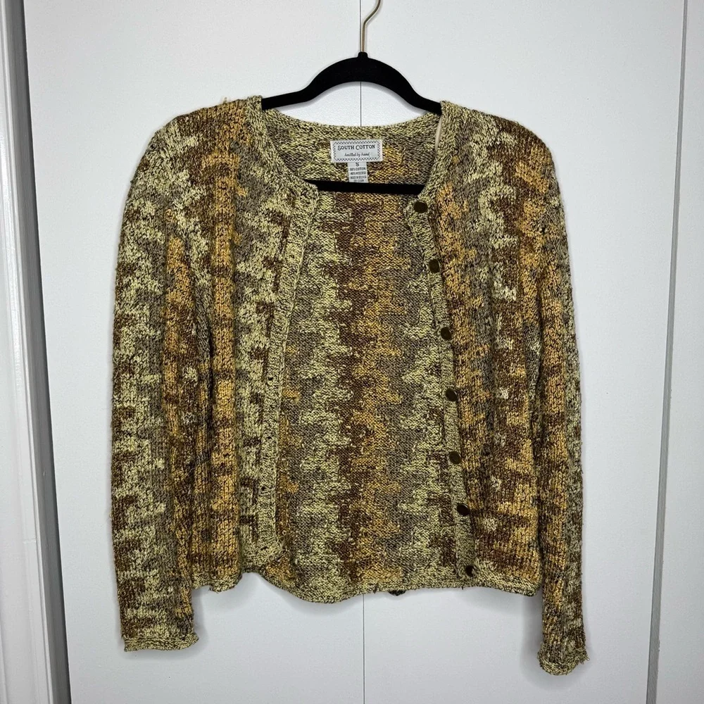 South Cotton Hand Knit Sweater Cardigan Brown Gold - Small - Picture 3 of 9
